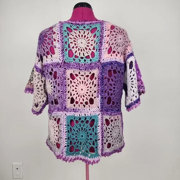 New Handmade Boho Crochet Granny Square Top - Vibrant Patchwork Festival Blouse - Picture 2 of 16